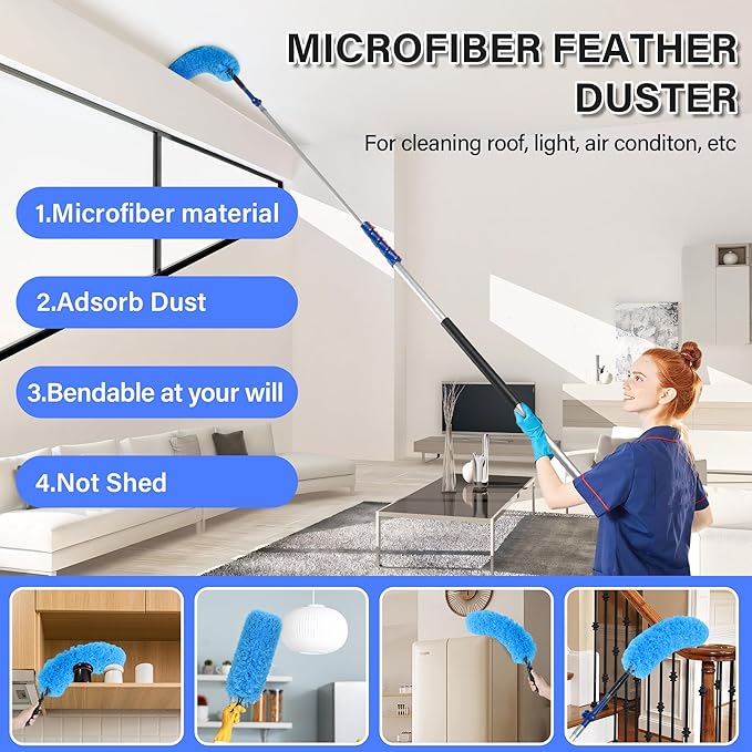 High Reach Cleaning Kit with 12FT Telescoping Pole - Ceiling Fan & Microfiber Feather Dusters, Cobweb Brush, Window Squeegee & Washer