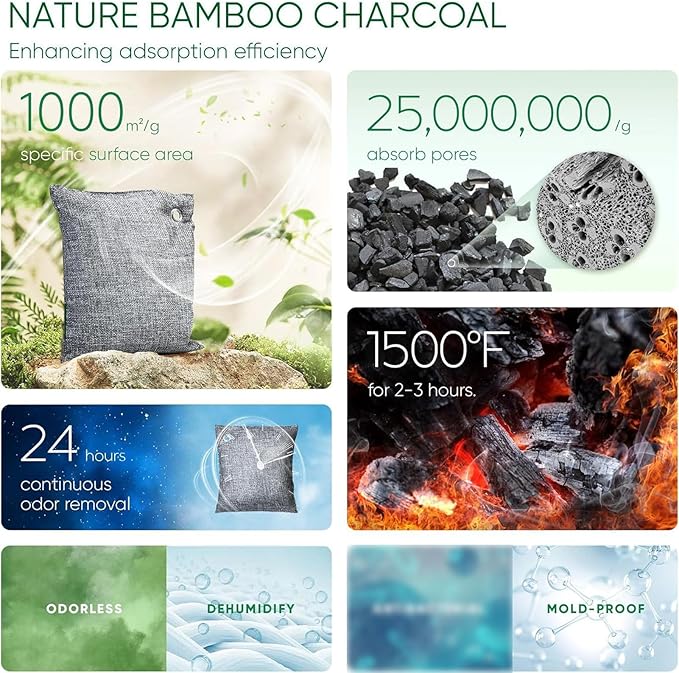 Activated Charcoal Odor Absorber Bags, 4pcs Reusable Bamboo Charcoal for Home, Car, Wardrobe