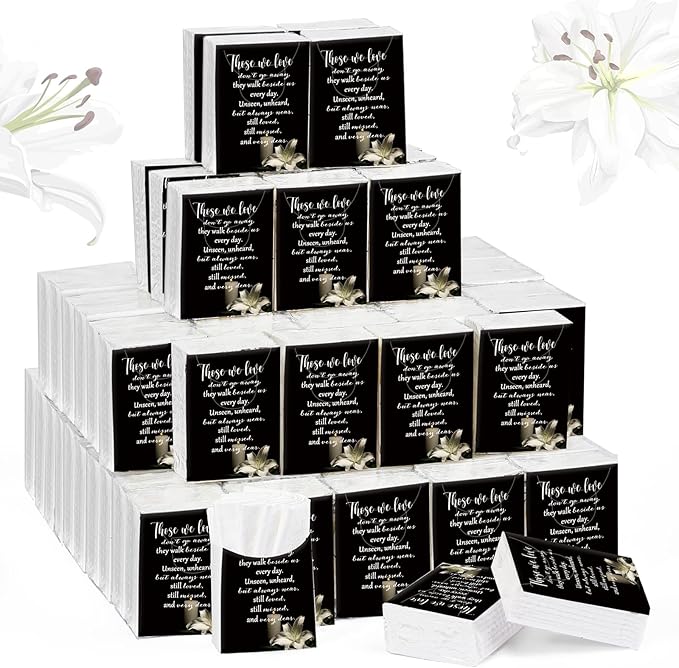 100 Packs Memorial Facial Tissues Those We Love Don't Go Away Inspirational Poem Pocket Tissues 3 Ply Napkins Packs Funerals Wedding Supplies for Family Relatives Guests, 700 Sheets(Black)