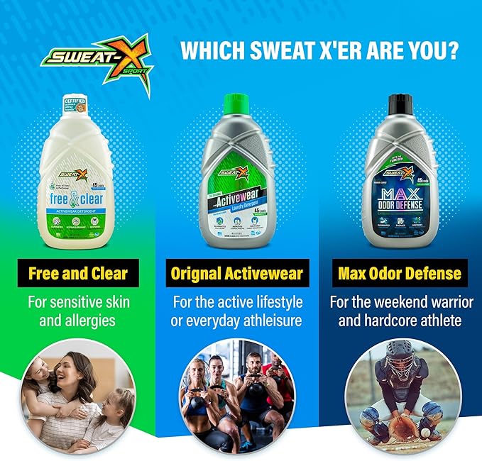 Sweat X Free & Clear Activewear Laundry Detergent – Certified Asthma & Allergy Friendly® – Hypoallergenic – Removes Toughest Stains & Odors – High-Performance Sports Wash – 45 Loads/Bottle – 4 Pack
