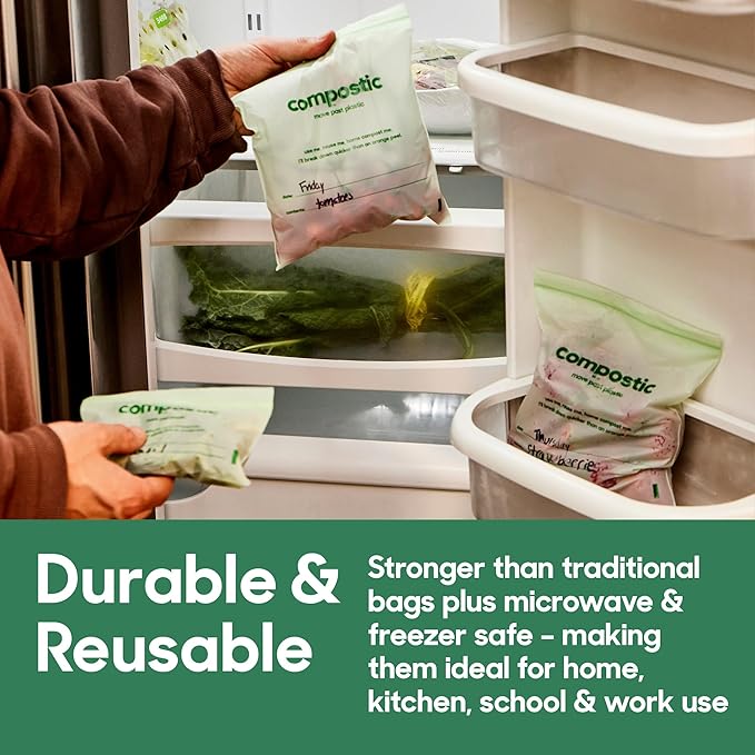 Compostic Home Compostable Resealable Snack Bags (6"x 3.5"), Microwave & Freezer Safe, Organic Food Storage Container, 200 Count