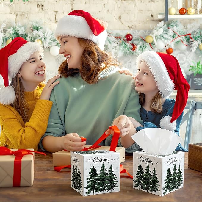 Yeaqee 6 Pack Christmas Facial Tissue Cube Box Square 480 Sheets Pine Tree Snowflake Christmas Paper Facial Tissues Cube Box for Winter Xmas Holiday Kitchen Office Home Xmas Decor