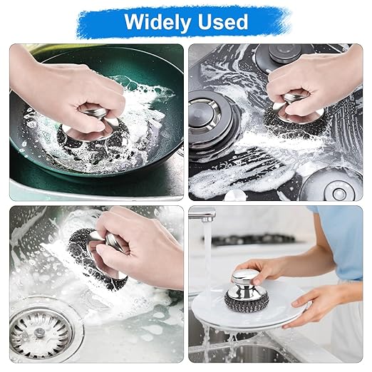 5PCS Stainless Steel Scrubber Pads, Steel Wool Scrubber Set with 2Pcs Handle, Stainless Scrubber for Cleaning Kitchen and Household, Dishes, Stoves, Grill, Wash Sink, Pots