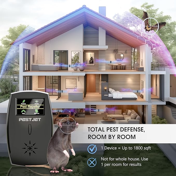 2025 Powerful Ultrasonic Pest Control Plug-in Device with LCD – Electronic Indoor/Outdoor Rodent Deterrent for Mice, Rats, Bats, Squirrels – Sound and Electromagnetic Wave-Based Technology