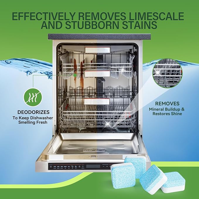 YCUO Deep Cleaning Dishwasher Cleaner Tablets-24 Pack,Natural Formula,Effective Limescale & Odor Removal,Calcium,Scale,Hard Water Stains,Oil,Compatible with All Models