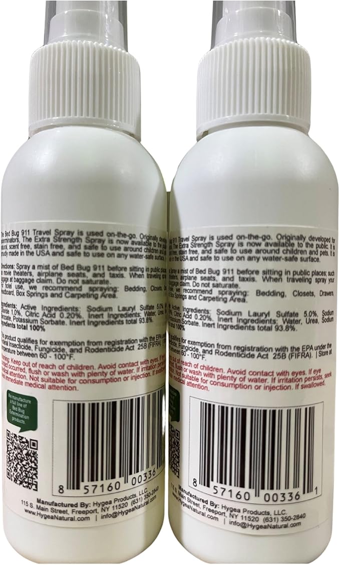 Hygea Natural Extra Strength Bed Bug & Mite Natural Travel Spray - TSA Approved Size - Child & Pet Friendly - Stain & Odor Free - for Hotel, Suitcase, Backpack, Shoes - 66% Stronger Formula(2pk, 3 oz)