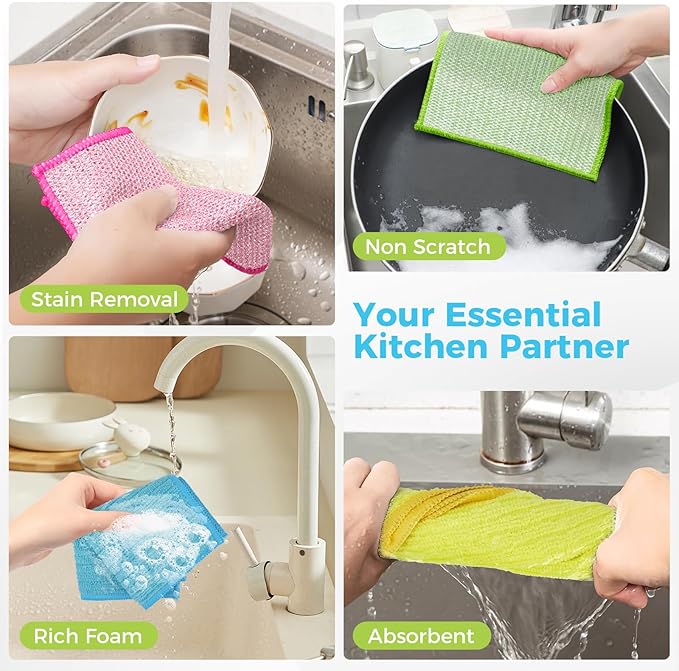 AIDEA Non Scratch Wire Dishcloth 24PK, Upgraded Wire Dishwashing Rag for Kitchen, Dual Sided, Washable Dish Cloths, Cleaning Pads Steel Scrubber for Cookware, Sinks, Dishes, Stove Tops, 7"×8"