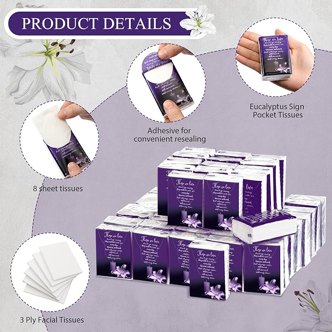 100 Packs Memorial Facial Tissues Those We Love Don't Go Away Inspirational Poem Pocket Tissues 3 Ply Napkins Packs Funerals Wedding Supplies for Family Relatives Guests, 700 Sheets(Purple)