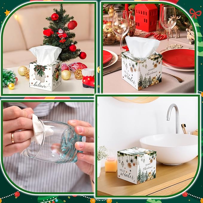 Yeaqee 6 Pack Christmas Facial Tissue Cube Boxes Square 480 Sheets Xmas Tree Paper Facial Christmas Tissues Cube Box Ball Gloves Hello Winter Decoration for Xmas Home Bathroom Kitchen