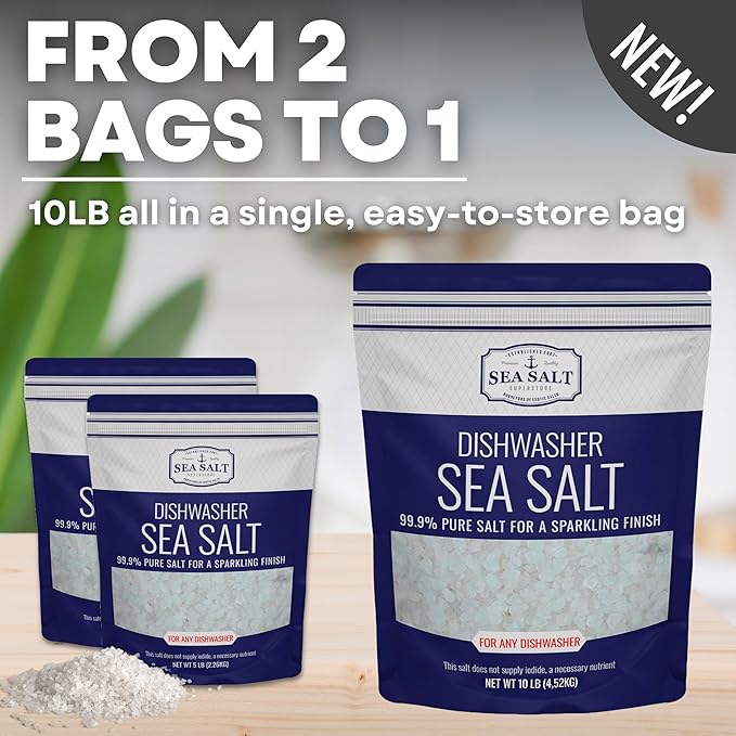 Dishwasher Salt, Natural Water Softener Salt, Food Grade Coarse Sea Salt Compatible with Miele, Thermador, Whirlpool, & Bosch Dishwasher, 10 lb