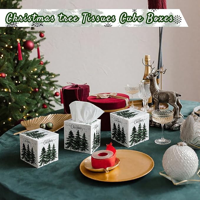 Yeaqee 6 Pack Christmas Facial Tissue Cube Box Square 480 Sheets Pine Tree Snowflake Christmas Paper Facial Tissues Cube Box for Winter Xmas Holiday Kitchen Office Home Xmas Decor