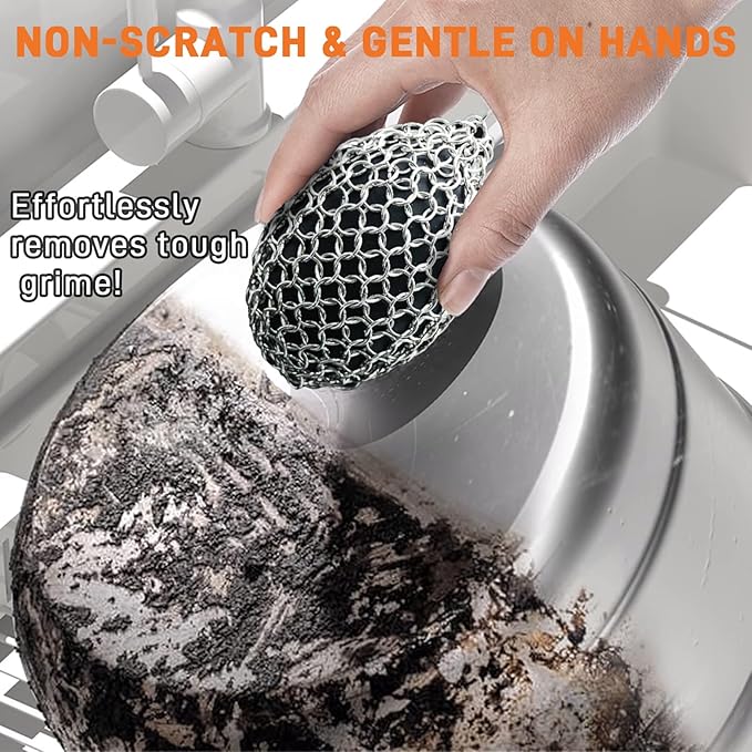Chainmail Scrubber,Ergonomic Rugby Shape Desigs Cast Iron Cleaner Scrubber for Pan Pot Grill-Grill Scrubber Metal Scrub Sponge Skillet, Oven, Griddle, Wok Cleaning Brush