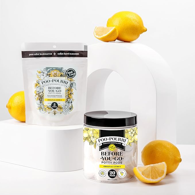 Poo-Pourri Before-You-Go 2-in-1 Toilet Potty Pods, Original Citrus, 5 Ct, Bathroom Odor Deodorizer and Toilet Cleaner with Essential Oils, Lemon, Bergamot and Lemongrass Scent (Pack of 4)