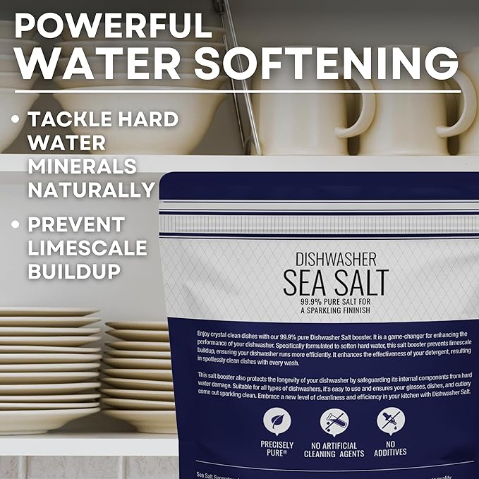 Dishwasher Salt, Natural Water Softener Salt, Food Grade Coarse Sea Salt Compatible with Miele, Thermador, Whirlpool, & Bosch Dishwasher, 10 lb