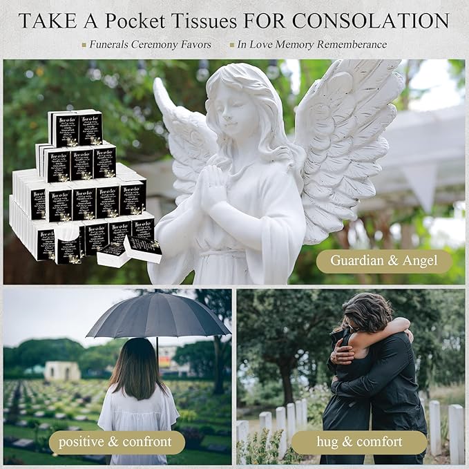 100 Packs Memorial Facial Tissues Those We Love Don't Go Away Inspirational Poem Pocket Tissues 3 Ply Napkins Packs Funerals Wedding Supplies for Family Relatives Guests, 700 Sheets(Black)