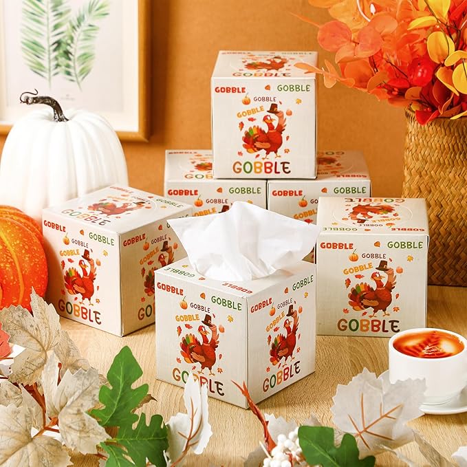 Yeaqee 6 Pack Thanksgiving Turkey Facial Tissue Cube Boxes 480 Sheets Fall Gobble Turkey Paper Facial Tissues Cube Box for Thanksgiving Fall Autumn Harvest Home Bathroom Kitchen Car Office