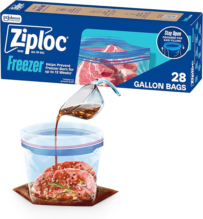 Ziploc Brand Gallon Freezer Storage Bags, Stay Open Design, Easy to Fill, 1 gal, 28 ct