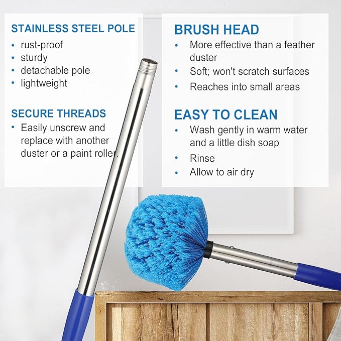 Cobweb Duster with Extension Pole, 8 FT Stainless Steel Pole with Spider Web Brush Head Ceiling Fan Duster for Outdoor Indoor Cleaning