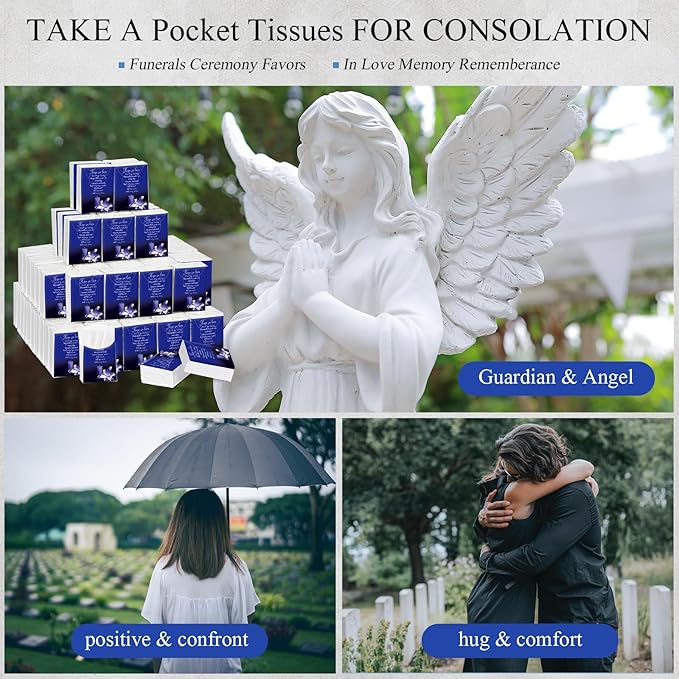 100 Packs Memorial Facial Tissues Those We Love Don't Go Away Inspirational Poem Pocket Tissues 3 Ply Napkins Packs Funerals Wedding Supplies for Family Relatives Guests, 700 Sheets(Blue)