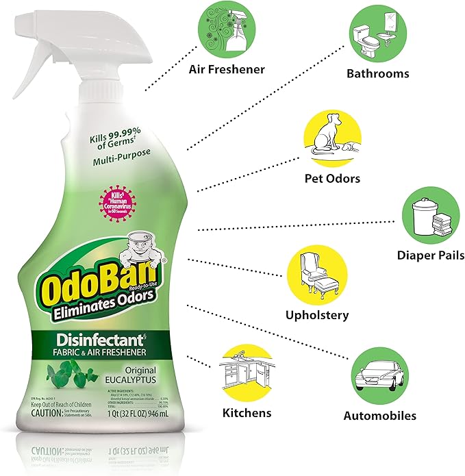 OdoBan Ready-to-Use Disinfectant and Odor Eliminator, Set of 3 Spray Bottles, 32 Ounces Each, Original Eucalyptus Scent
