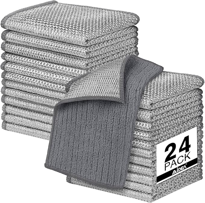 AIDEA Non Scratch Wire Dishcloth 24PK, Upgraded Wire Dishwashing Rag for Kitchen, Dual Sided, Washable Dish Cloths, Cleaning Pads Steel Scrubber for Cookware, Sinks, Dishes, Stove Tops, 7"×8" Grey