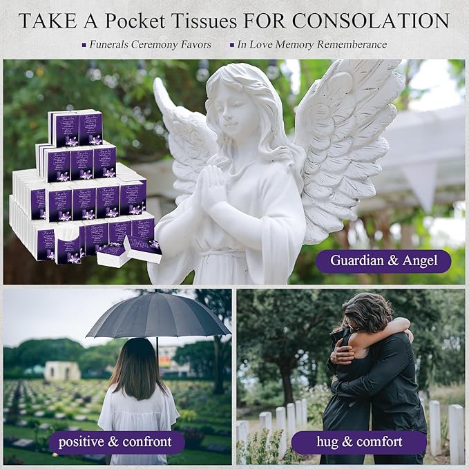100 Packs Memorial Facial Tissues Those We Love Don't Go Away Inspirational Poem Pocket Tissues 3 Ply Napkins Packs Funerals Wedding Supplies for Family Relatives Guests, 700 Sheets(Purple)