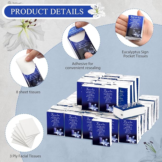 100 Packs Memorial Facial Tissues Those We Love Don't Go Away Inspirational Poem Pocket Tissues 3 Ply Napkins Packs Funerals Wedding Supplies for Family Relatives Guests, 700 Sheets(Blue)