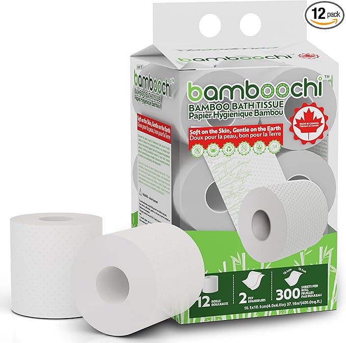 Bamboo Toilet Paper, Septic Safe Toilet Paper 2 Ply 12 Rolls 300 Sheets Per Roll, Soft Unscented Bath Tissue, RV Safe, Eco-Friendly, Non Chlorine, PFAS Free, Made in Canada
