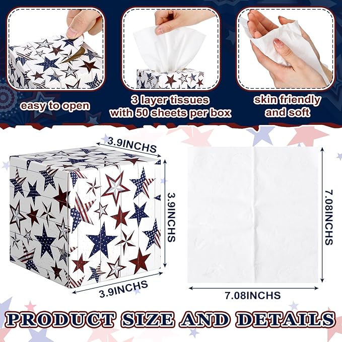 12 Pack Veterans Day Patriotic Facial Tissues Cube Face Boxes 600 Sheets 3 Ply Red White and Blue Small Square Tissues Bulk for Labor Car Bedroom Supplies(Independence Day Star)