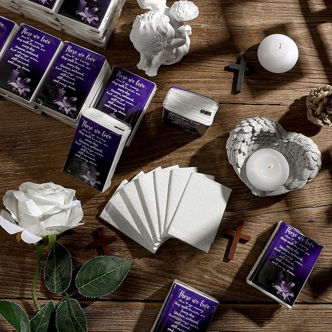 100 Packs Memorial Facial Tissues Those We Love Don't Go Away Inspirational Poem Pocket Tissues 3 Ply Napkins Packs Funerals Wedding Supplies for Family Relatives Guests, 700 Sheets(Purple)