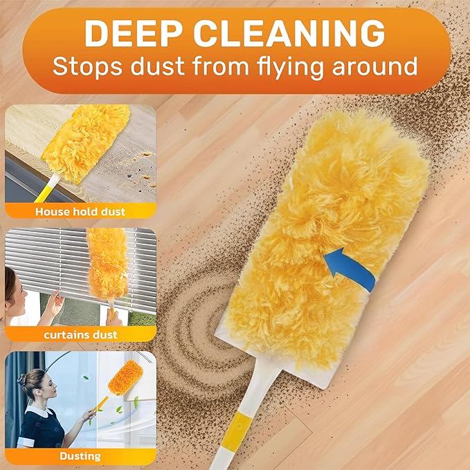 Heavy Duty Duster Refills 30 Pack, 360° Multi Surface Feather Dusters Kit with Extendable 3FT Handle, Disposable Microfiber Dusters for Cleaning Furniture, Blinds, Ceiling Fan & Car
