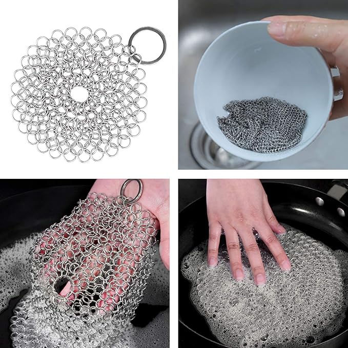 Cast Iron Cleaner kit, Pot Cleaning Brushes, Stainless Steel Chainmail Scrubber, Pan Scrapers, Kitchen Cleaning
