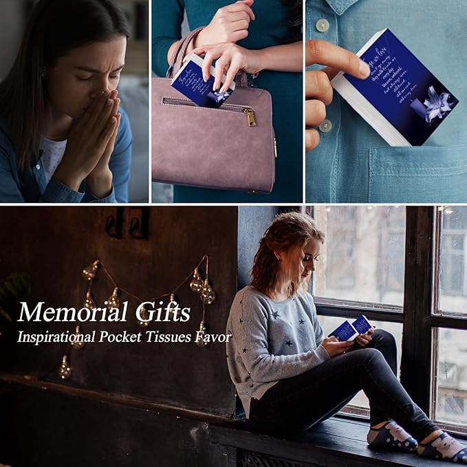 100 Packs Memorial Facial Tissues Those We Love Don't Go Away Inspirational Poem Pocket Tissues 3 Ply Napkins Packs Funerals Wedding Supplies for Family Relatives Guests, 700 Sheets(Blue)
