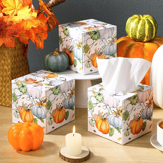 Yeaqee 6 Pack Thanksgiving Pumpkin Facial Tissue Cube Boxes 2 Ply 480 Sheets Fall Paper Facial Large Square Tissues Cube Box Travel Size for Autumn Thanksgiving Fall Harvest Home Bathroom Kitchen