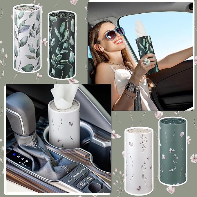 Layhit 12 Pcs Car Tissues Round Facial Tissues Boxes Vintage Floral Printed Travel Cylinder Cube Holder Bulk for Car Cup Holder(Fresh)