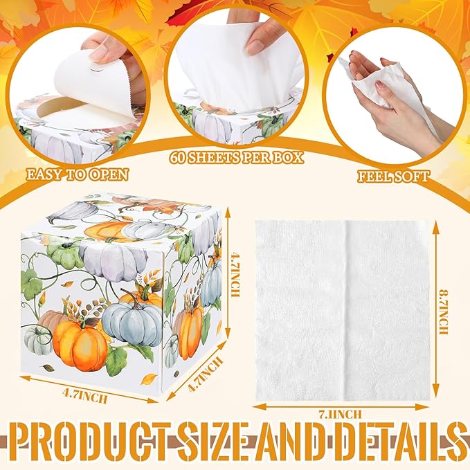 Yeaqee 6 Pack Thanksgiving Pumpkin Facial Tissue Cube Boxes 2 Ply 480 Sheets Fall Paper Facial Large Square Tissues Cube Box Travel Size for Autumn Thanksgiving Fall Harvest Home Bathroom Kitchen