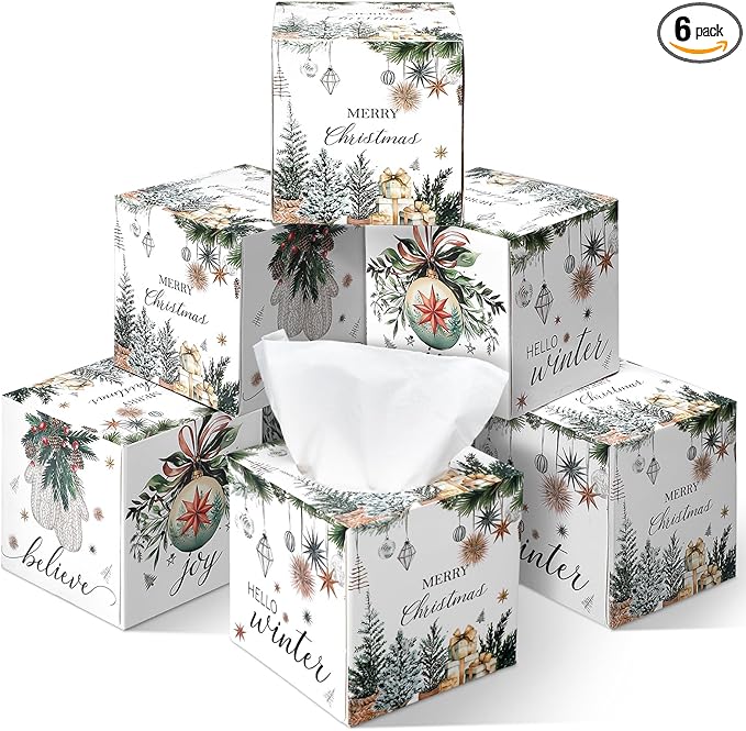 Yeaqee 6 Pack Christmas Facial Tissue Cube Boxes Square 480 Sheets Xmas Tree Paper Facial Christmas Tissues Cube Box Ball Gloves Hello Winter Decoration for Xmas Home Bathroom Kitchen