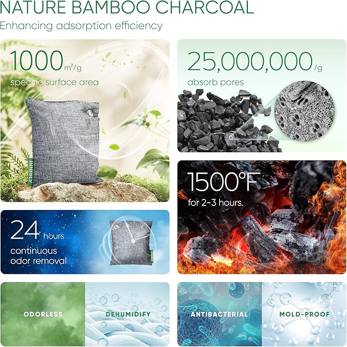 Activated Charcoal Odor Absorber,6 Pack Nature Odor Eliminator for Shoes, Bamboo Charcoal Air Purifying Bags,Shoe Deodorizer and Moisture Absorbers for Fresh Sneakers,Shoe Smell Remover