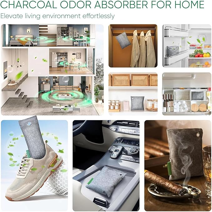 Activated Charcoal Odor Absorber Bags, 4pcs Reusable Bamboo Charcoal for Home, Car, Wardrobe