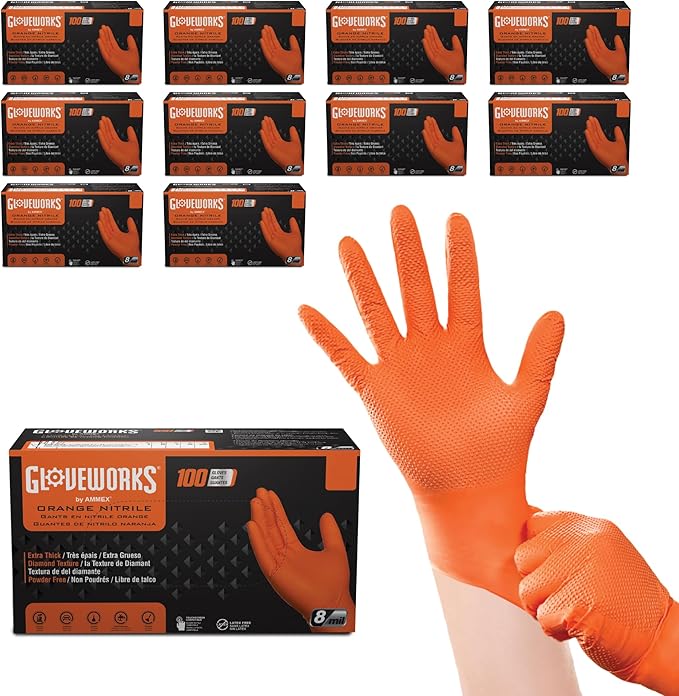 GLOVEWORKS HD Orange Nitrile Disposable Gloves 8 Mil Raised Diamond Texture, 100