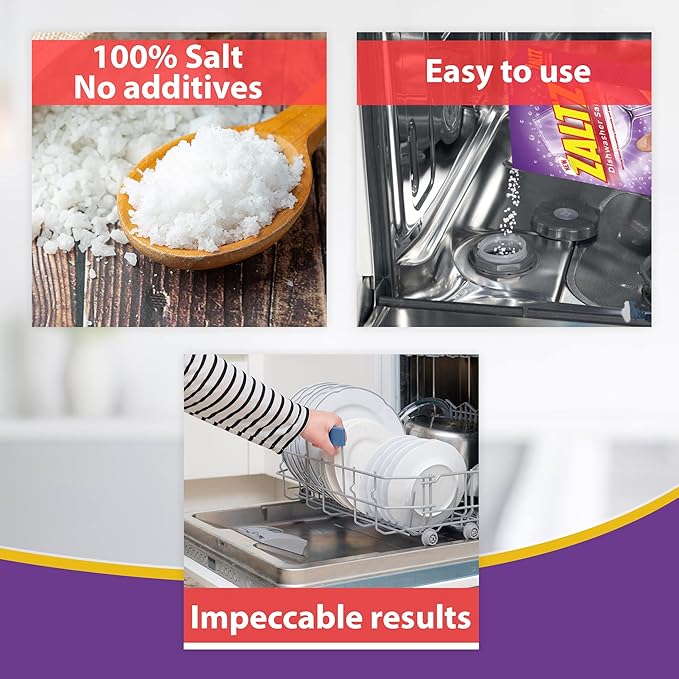 Zaltz Dishwasher Salt - Water Softener, Cleaner, Rinse Aid With Easy Pour Spout - Real Salt For Dishwashers, 4.4 lb Box