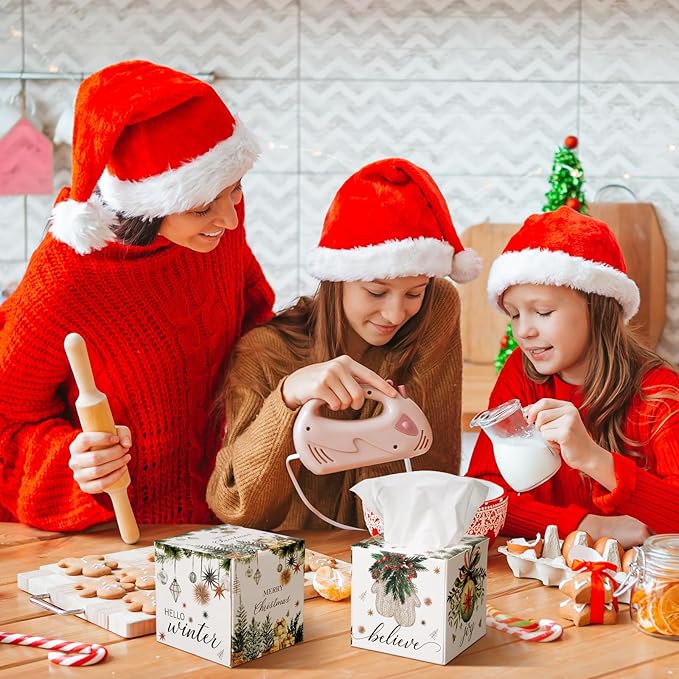 Yeaqee 6 Pack Christmas Facial Tissue Cube Boxes Square 480 Sheets Xmas Tree Paper Facial Christmas Tissues Cube Box Ball Gloves Hello Winter Decoration for Xmas Home Bathroom Kitchen