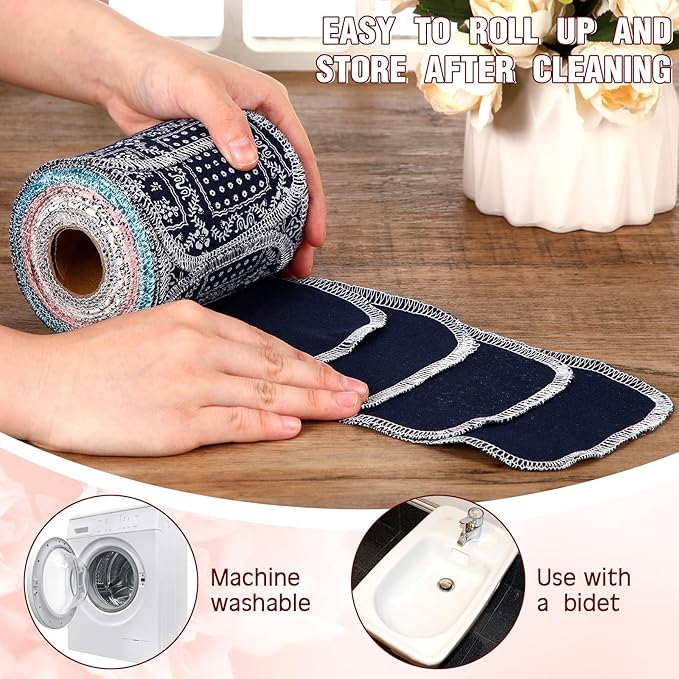 VitalCozy 50 Pcs Reusable Toilet Washable Bidet Towels Rerollable Cloth Wipes Paperless Towels Roll Absorbent Cotton for Kitchen Paperless Dishcloths (Vintage Flower)