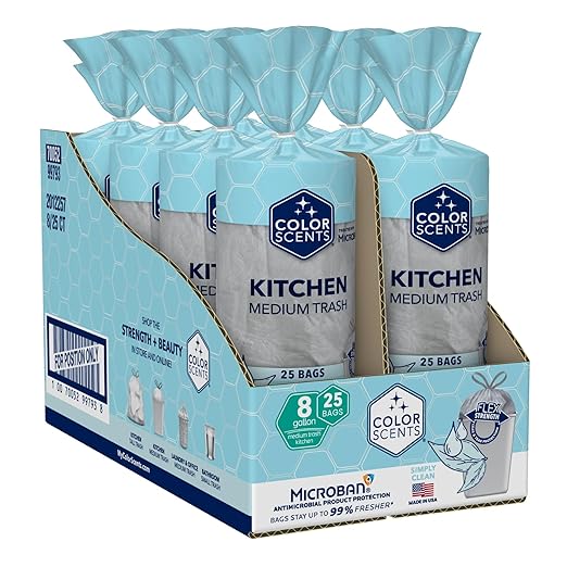 Color Scents Medium Trash Bags - 8 Gallon, 200 Total Bags (8 Packs of 25 Count), Drawstring - Silver Bag in Simply Clean Scent with Microban