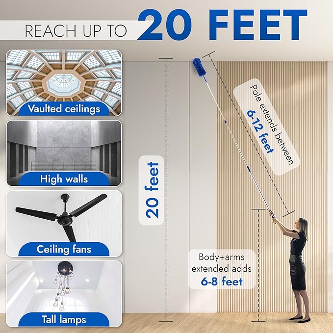 Cobweb Duster Extendable 18 Foot High Reach Ceiling Fan Duster | 3-Stage Aluminum Telescoping Pole | Medium Stiff Bristles | Long Handle Webster Microfiber Duster for Cleaning | U.S Duster Co.