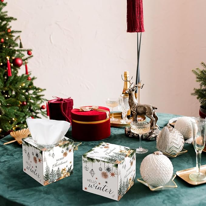 Yeaqee 6 Pack Christmas Facial Tissue Cube Boxes Square 480 Sheets Xmas Tree Paper Facial Christmas Tissues Cube Box Ball Gloves Hello Winter Decoration for Xmas Home Bathroom Kitchen