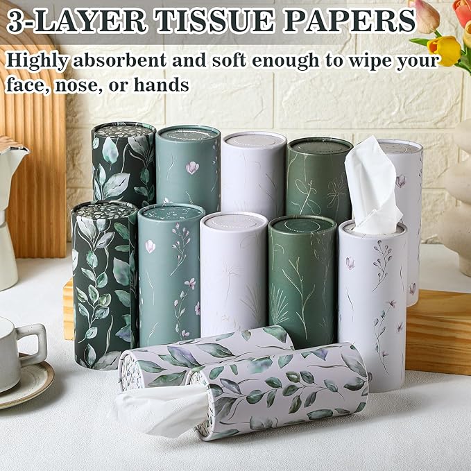 Layhit 12 Pcs Car Tissues Round Facial Tissues Boxes Vintage Floral Printed Travel Cylinder Cube Holder Bulk for Car Cup Holder(Fresh)