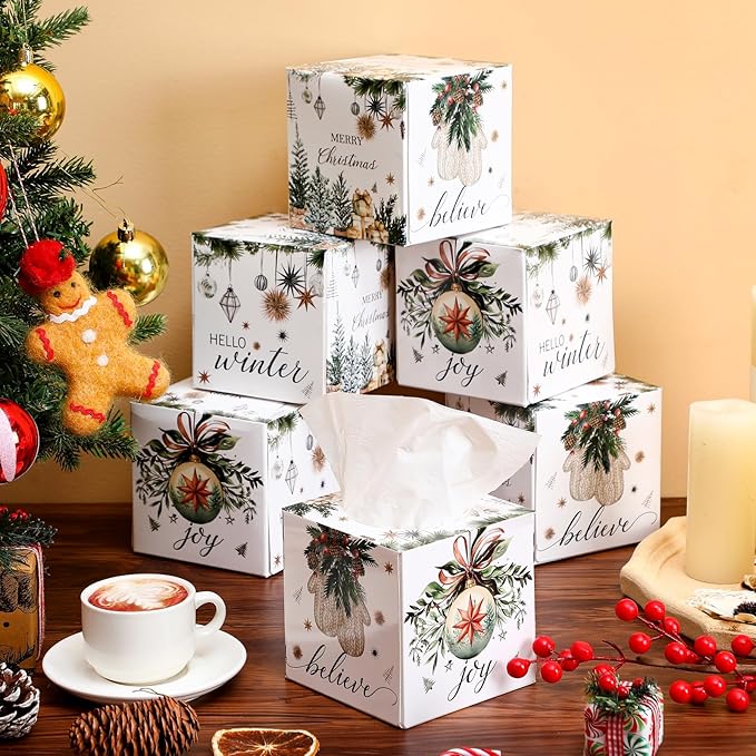 Yeaqee 6 Pack Christmas Facial Tissue Cube Boxes Square 480 Sheets Xmas Tree Paper Facial Christmas Tissues Cube Box Ball Gloves Hello Winter Decoration for Xmas Home Bathroom Kitchen