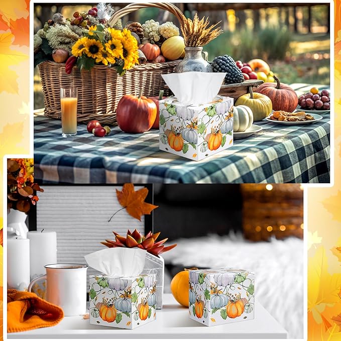 Yeaqee 6 Pack Thanksgiving Pumpkin Facial Tissue Cube Boxes 2 Ply 480 Sheets Fall Paper Facial Large Square Tissues Cube Box Travel Size for Autumn Thanksgiving Fall Harvest Home Bathroom Kitchen