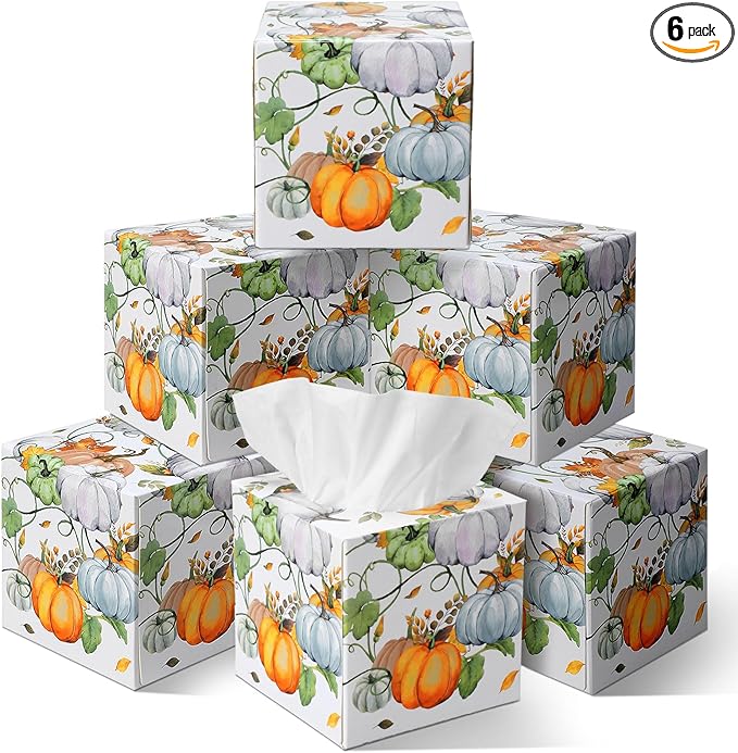 Yeaqee 6 Pack Thanksgiving Pumpkin Facial Tissue Cube Boxes 2 Ply 480 Sheets Fall Paper Facial Large Square Tissues Cube Box Travel Size for Autumn Thanksgiving Fall Harvest Home Bathroom Kitchen